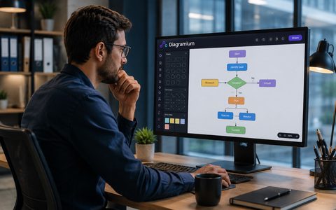 A professional reviewing a flowchart on a monitor
